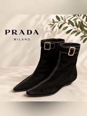 Prada Rare Y2K Vintage Black Suede White Contrast-Stitch Ankle Boots Italy Minim
